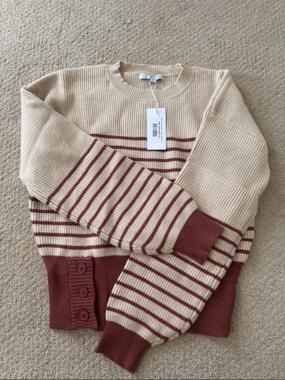 Baltic Born Cream and Rust-Striped Crewneck Sweater with Button Hem
